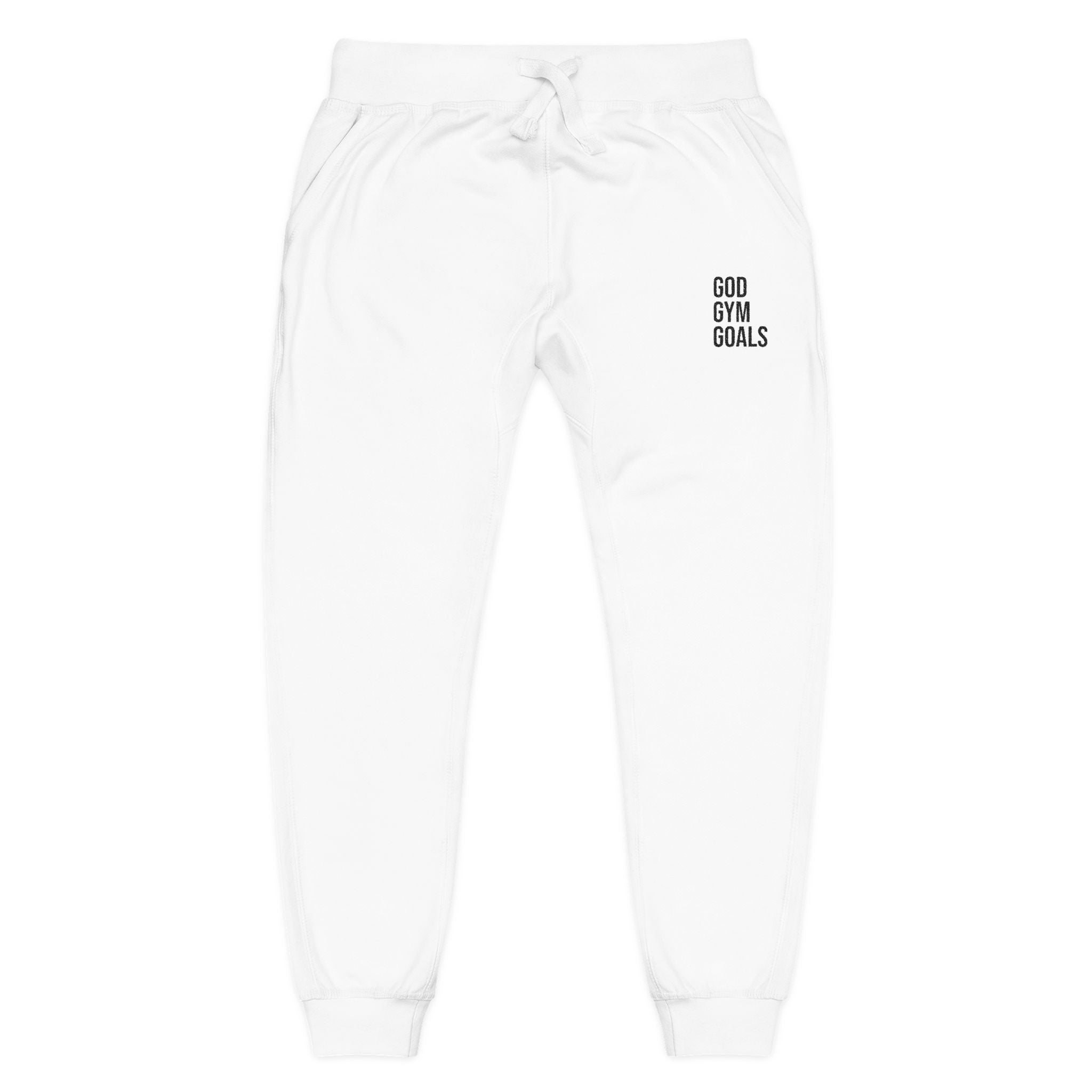 Embroidered 'God Gym Goals' White Fleece Sweatpants — Cozy Motivational Joggers